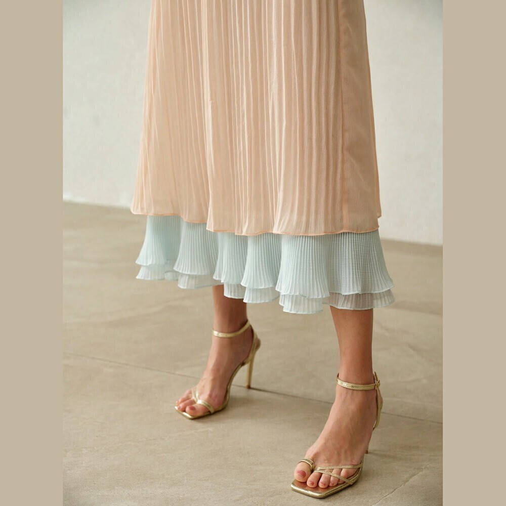 Ivory Pleated Midi Dress with Contrast Ruffle Hem - Picture 3 of 7